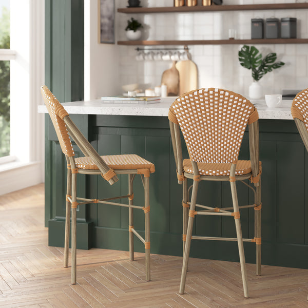 Celia Set of Two Indoor/Outdoor Stacking French Bistro Counter Stools with Patterned Seats and Backs & Light Natural Metal Frames