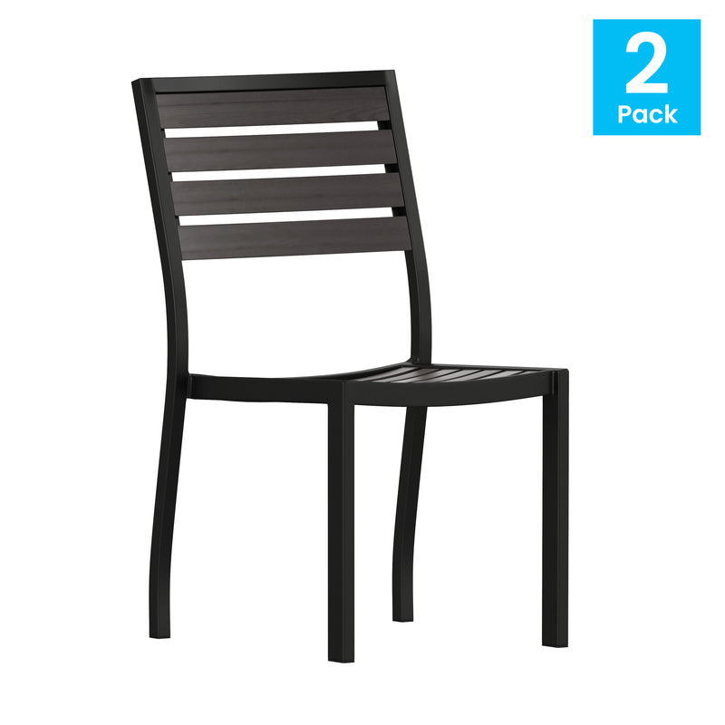 Kersey Outdoor Side Chairs Poly Gray Wash Faux Teak Wood and Metal Patio and Deck Chairs for All-Weather Use- Set of 2