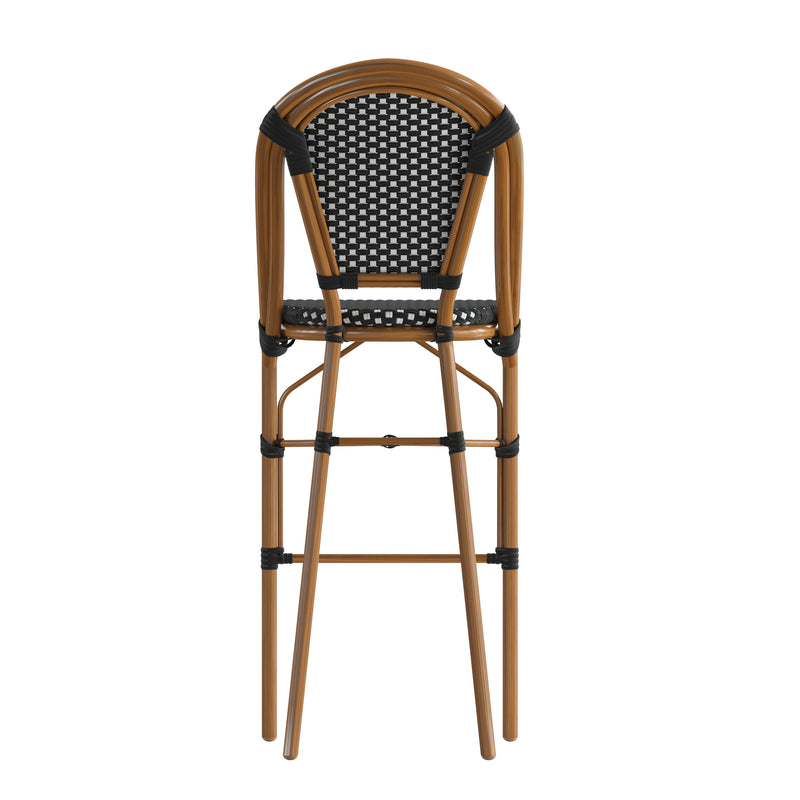 Sacha Set of Two Stacking French Bistro Bar Stools with PE Seats and Back and Bamboo Finished Metal Frames for Indoor/Outdoor Use