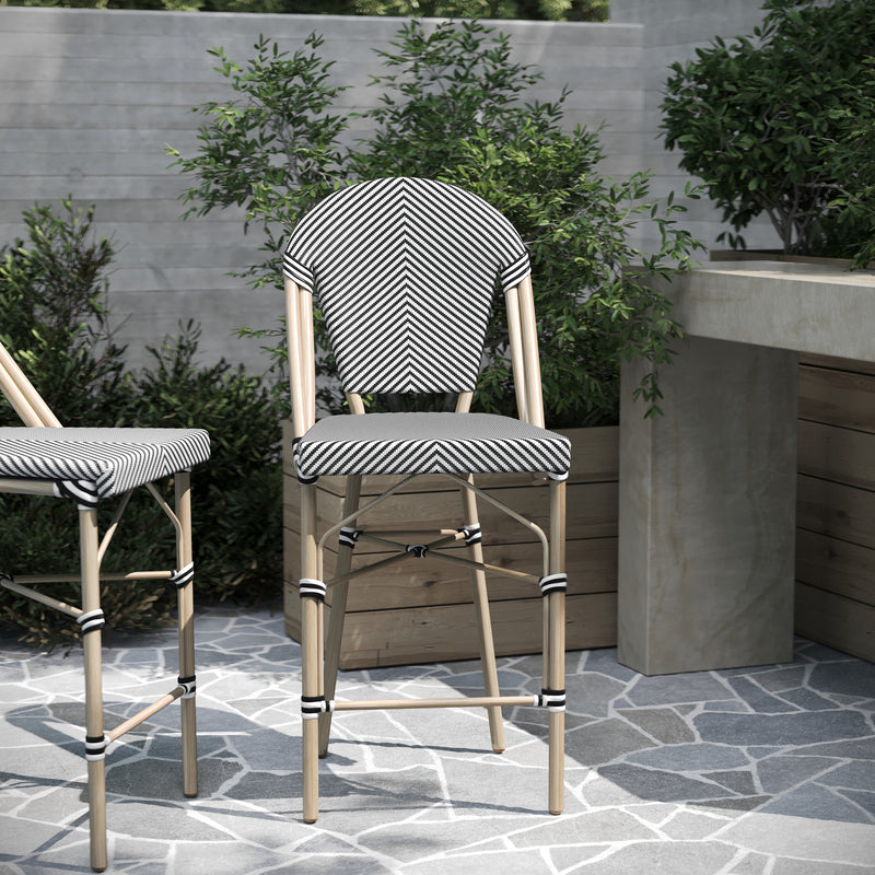 Mael Set of Two Stacking French Bistro Style Counter Stools with Black and White Textilene Seats and Light Bamboo Metal Frames for Indoor/Outdoor Use