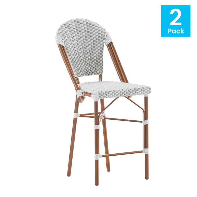 Celia Set of Two Indoor/Outdoor Stacking French Bistro Counter Stools with Patterned Seats and Backs & Light Natural Metal Frames