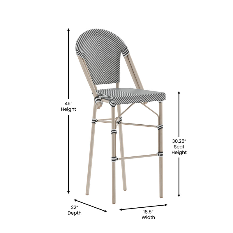 Mael Set of Two Stacking French Bistro Style Bar Stools with Black and White Textilene Seats and Light Bamboo Metal Frames for Indoor/Outdoor Use