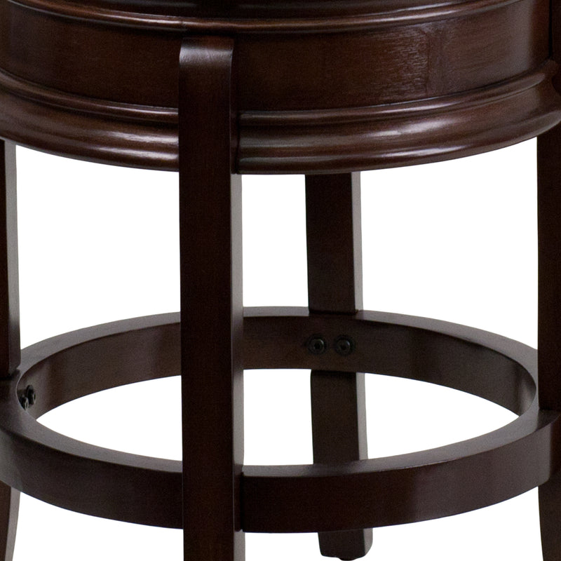 Clara 24" Cappuccino Brown Backless Wooden Counter Stool with Black Faux Leather 360 Degree Swivel Seat