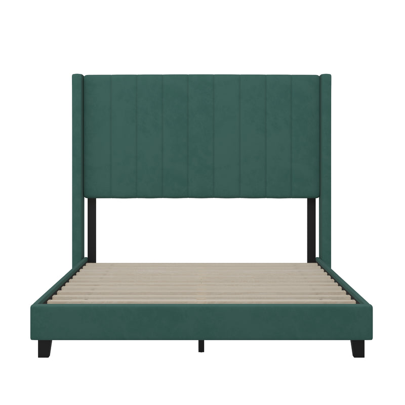 Sana Modern Emerald Velvet Upholstered Platform Bed Frame with Padded, Tufted Wingback Headboard and Wood Support Slats, No Box Spring Required