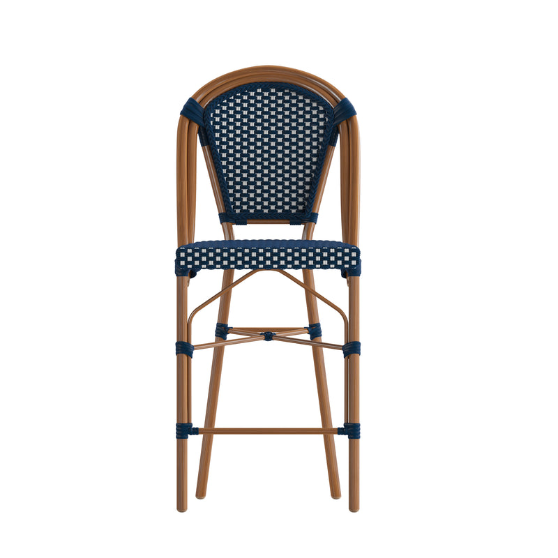 Sacha Set of Two Stacking French Bistro Counter Stools with Navy and White PE Seats and Back and Bamboo Finished Metal Frames for Indoor/Outdoor Use