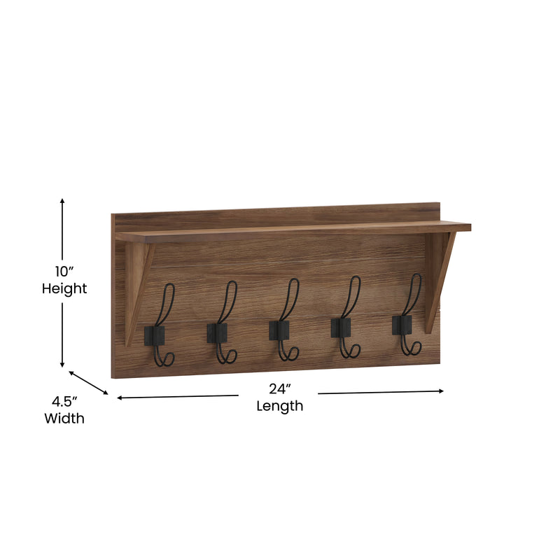 Enid Weathered Pine Wood 24 Inch Wall Mount Storage Rack with 5 Hooks and Upper Display Shelf