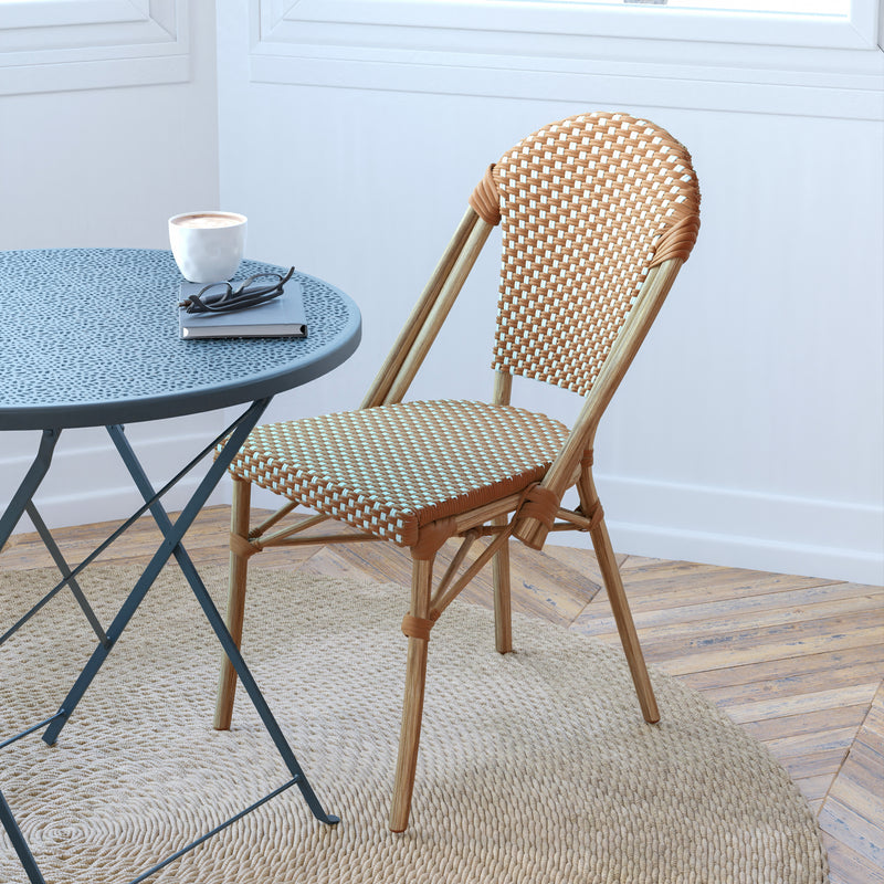Celia Set of Two Indoor/Outdoor Stacking French Bistro Chairs with Patterned Seats and Backs & Light Bamboo Finished Aluminum Frames