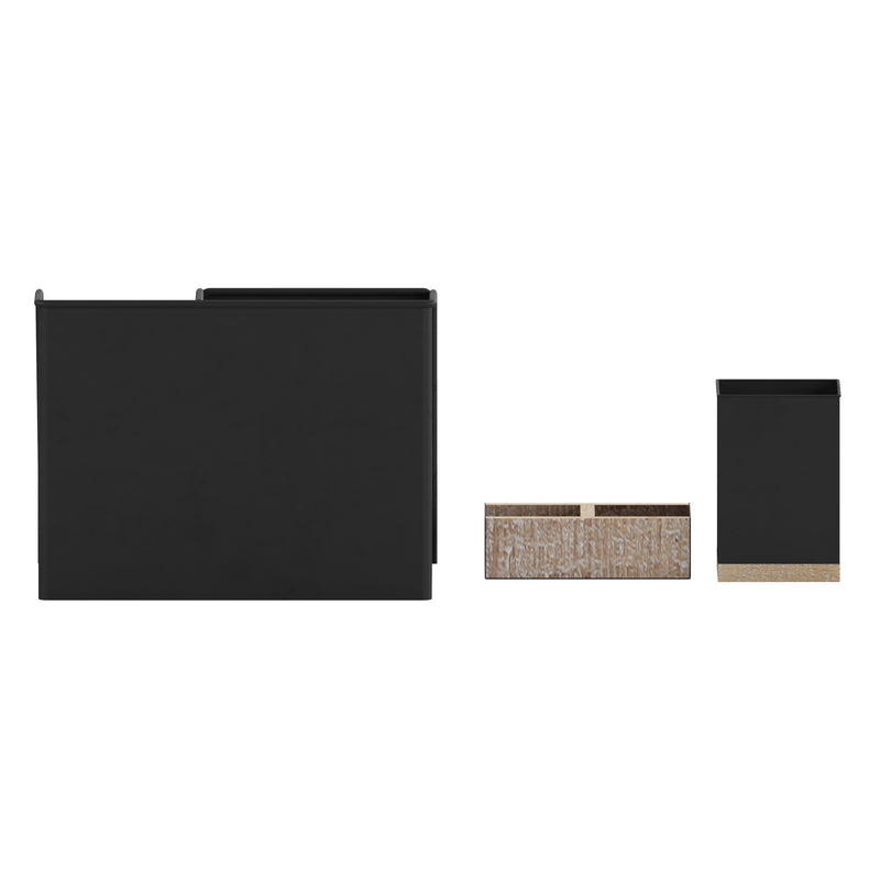 Cecil 3 Piece Desk Organizer Set for Desktop, Countertop, or Vanity in Black Finished Metal and Rustic Wood