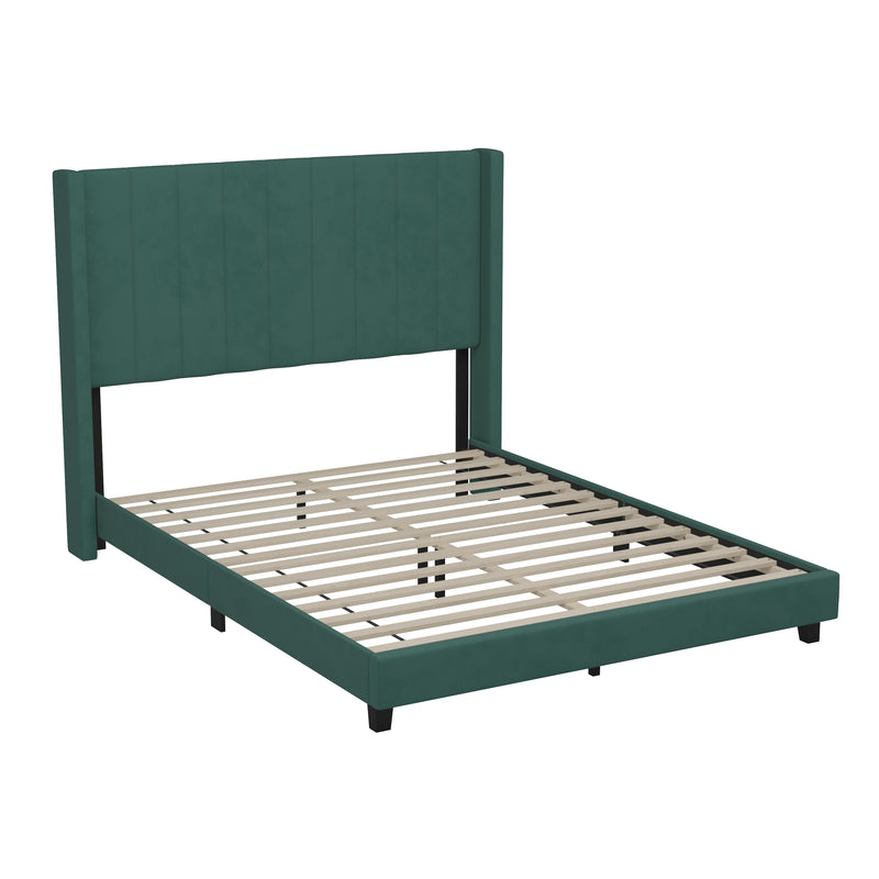 Sana Modern Emerald Velvet Upholstered Platform Bed Frame with Padded, Tufted Wingback Headboard and Wood Support Slats, No Box Spring Required