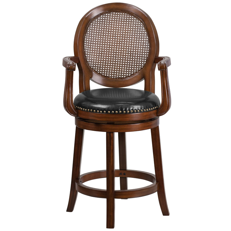 Mathieu 26" Swivel Counter Stool with Oval Rattan Back, Arms and Black Faux Leather Upholstered Swivel Seat in Espresso