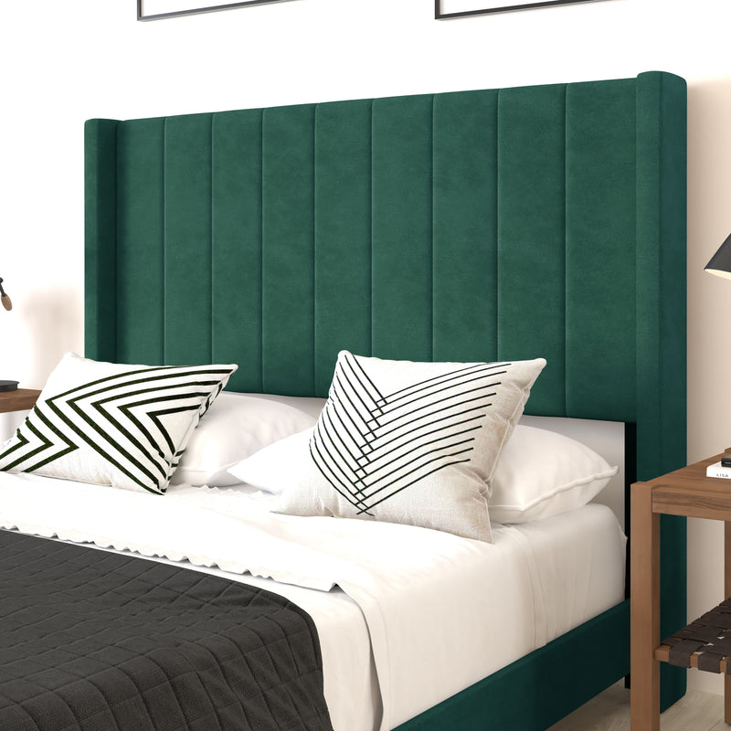 Sana Modern Emerald Velvet Upholstered Platform Bed Frame with Padded, Tufted Wingback Headboard and Wood Support Slats, No Box Spring Required