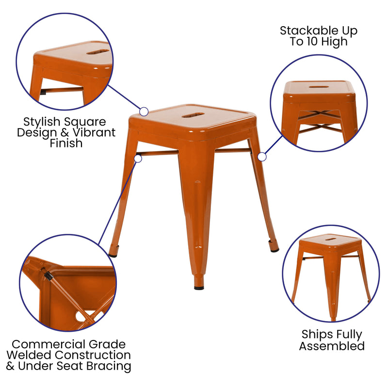 Set of 4 Sloane 18" High Backless Stacking Dining Stools with Durable Metal Frame in Orange