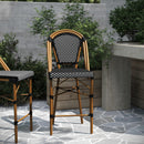 Sacha Set of Two Stacking French Bistro Counter Stools with PE Seats and Back and Bamboo Finished Metal Frames for Indoor/Outdoor Use