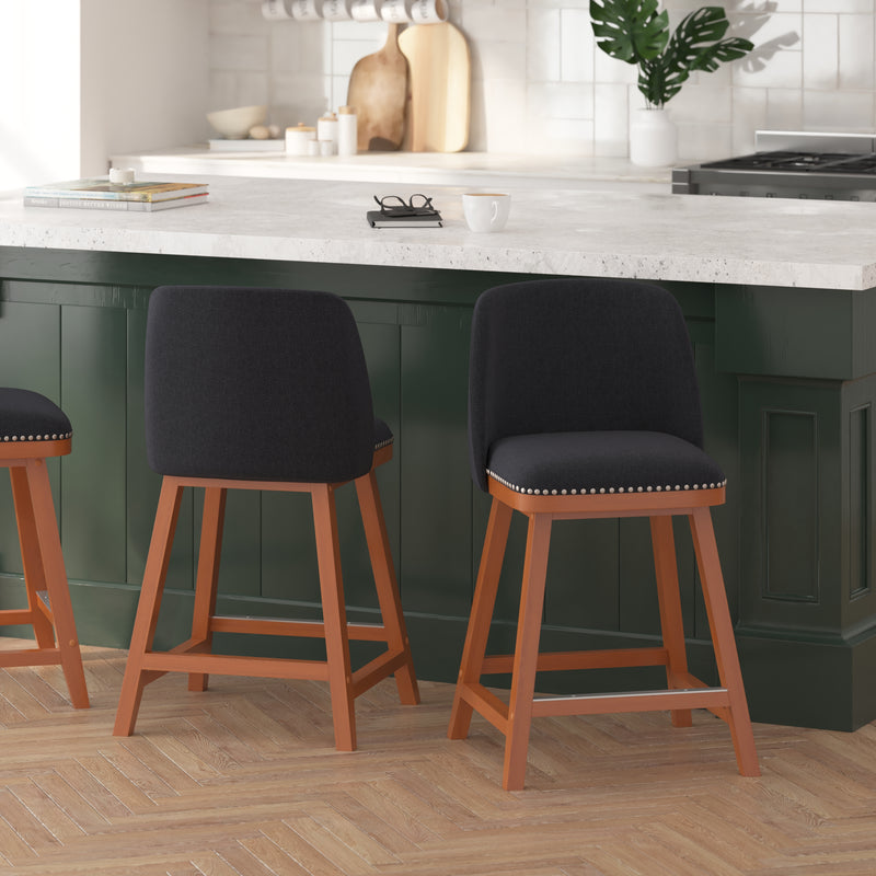 Ellie Set of 2 Charcoal Faux Linen Upholstered 24" Counter Stools with Nail Head Accent Trim and Walnut Wood Frames