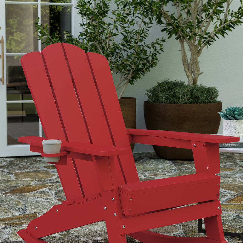 Ridley Adirondack Rocking Chair with Cup Holder, Weather Resistant HDPE Adirondack Rocking Chair in Red, Set of 2