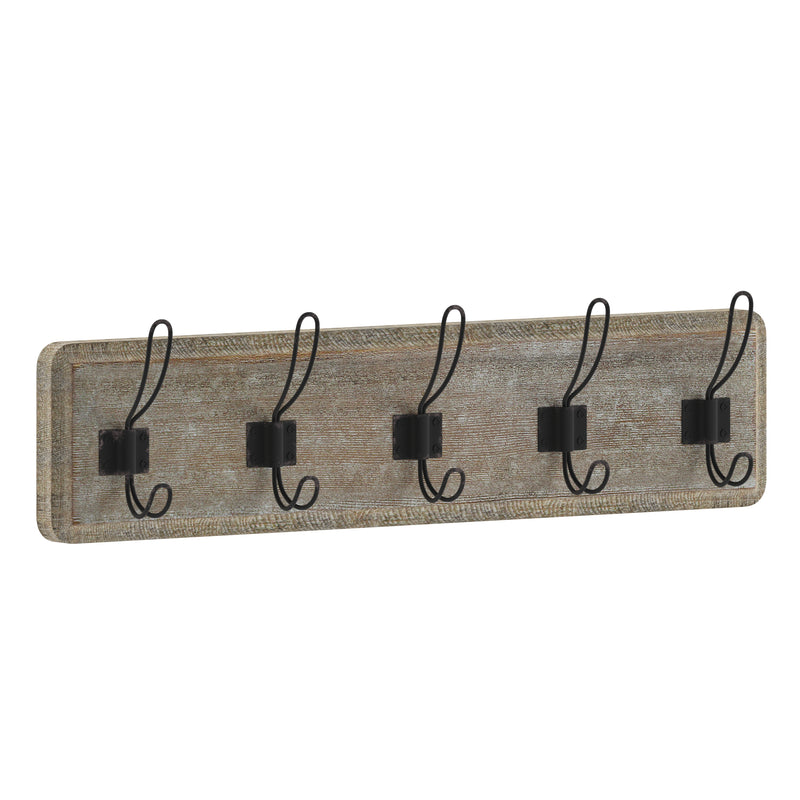Enid 24 Inch Wall Mount Weathered Pine Wood Storage Rack with 5 Hooks, Entryway, Kitchen, Bathroom