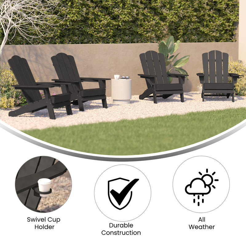 Nassau Adirondack Chair with Cup Holder, Weather Resistant HDPE Adirondack Chair in Gray, Set of 4