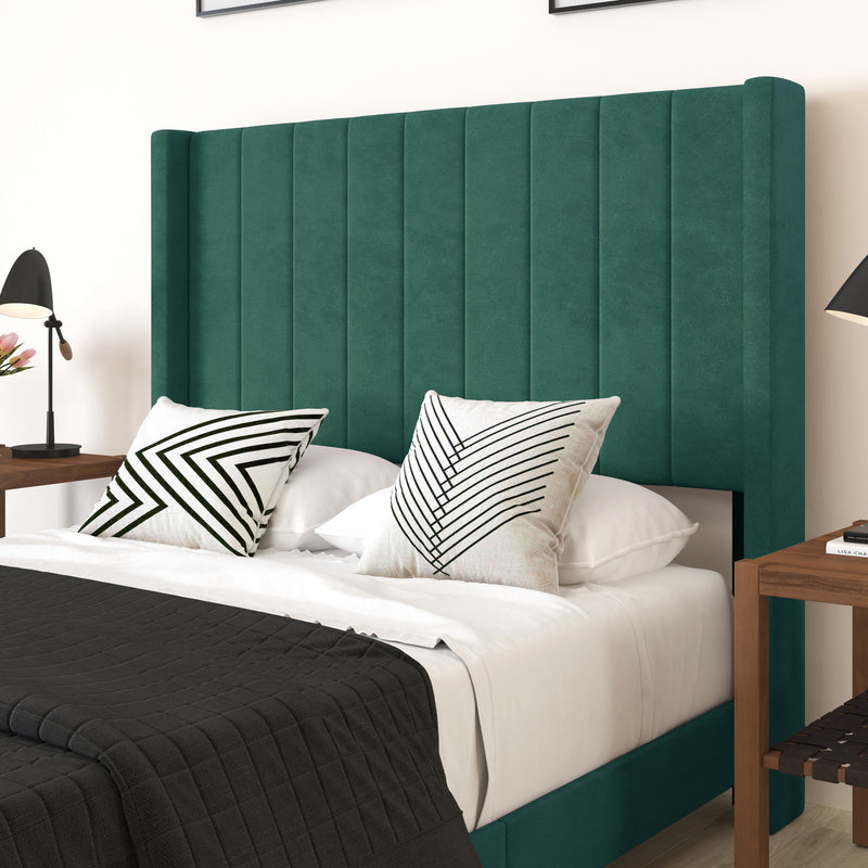 Sana Modern Emerald Velvet Upholstered Platform Bed Frame with Padded, Tufted Wingback Headboard and Wood Support Slats, No Box Spring Required