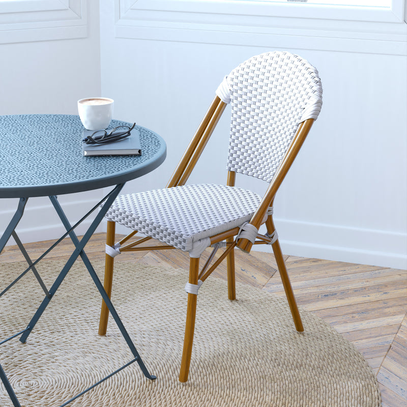 Celia Set of Two Indoor/Outdoor Stacking French Bistro Chairs with Patterned Seats and Backs & Light Bamboo Finished Aluminum Frames
