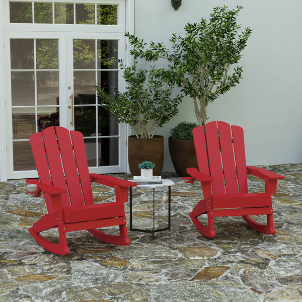 Ridley Adirondack Rocking Chair with Cup Holder, Weather Resistant HDPE Adirondack Rocking Chair in Red, Set of 2