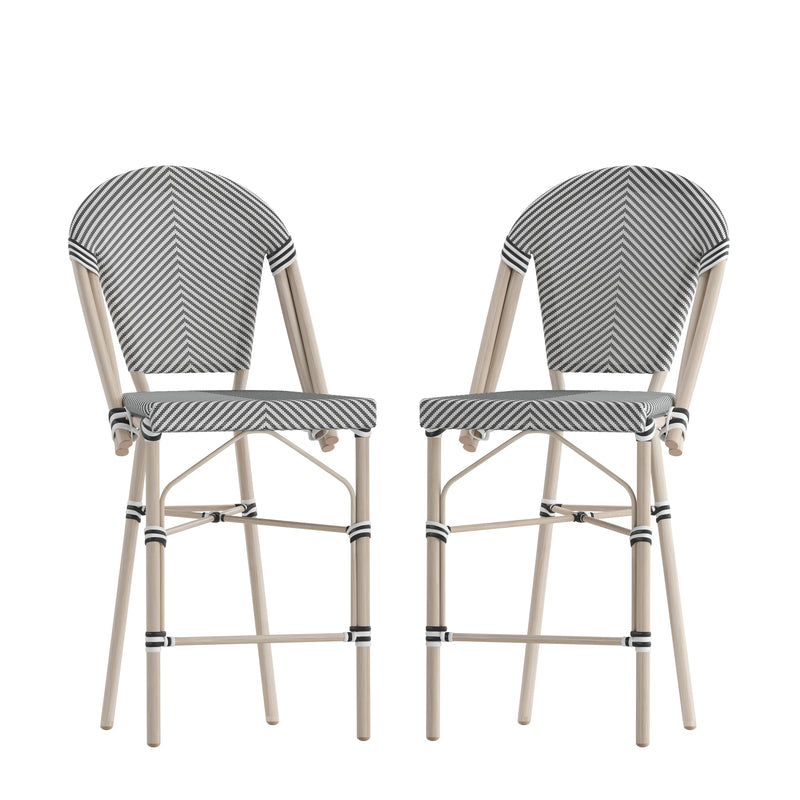 Mael Set of Two Stacking French Bistro Style Counter Stools with Black and White Textilene Seats and Light Bamboo Metal Frames for Indoor/Outdoor Use