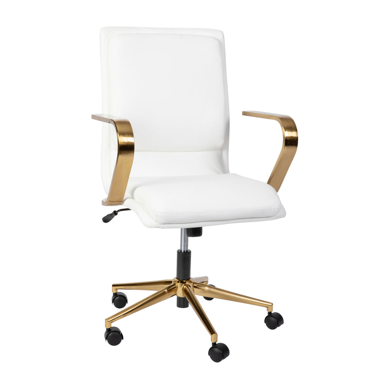 Artemis Mid-Back Home Office Chair with Armrests, Height Adjustable Swivel Seat and Five Star Gold Base, White Faux Leather