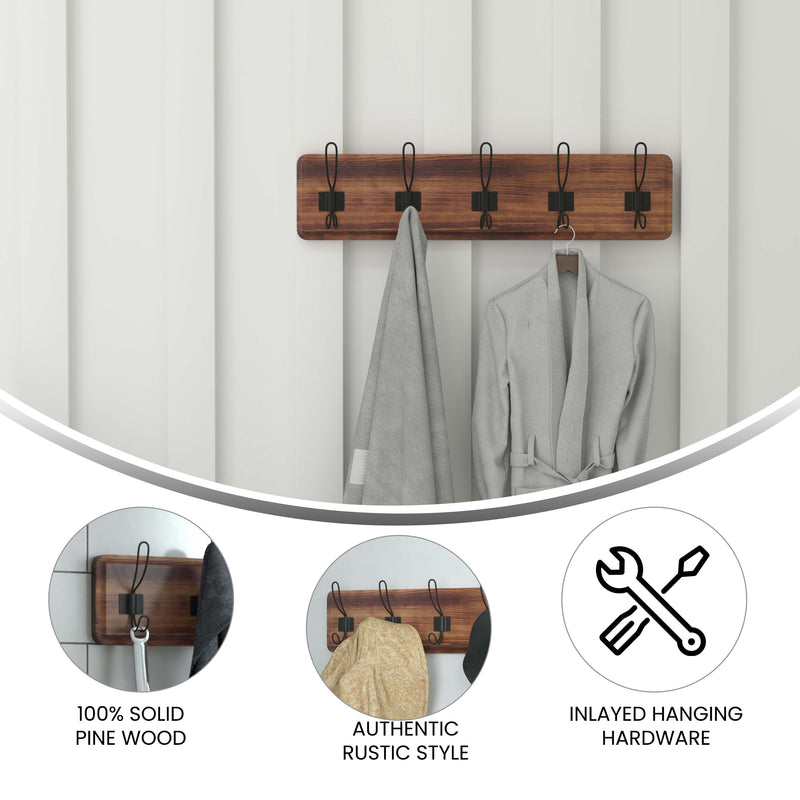 Enid 24 Inch Wall Mount Classic Brown Pine Wood Storage Rack with 5 Hooks, Entryway, Kitchen, Bathroom