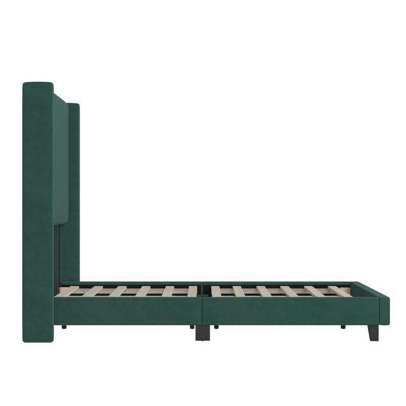 Sana Modern Emerald Velvet Upholstered Platform Bed Frame with Padded, Tufted Wingback Headboard and Wood Support Slats, No Box Spring Required