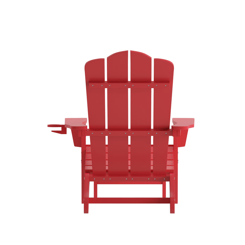 Ridley Adirondack Chair with Cup Holder and Pull Out Ottoman, All-Weather HDPE Indoor/Outdoor Lounge Chair in Red