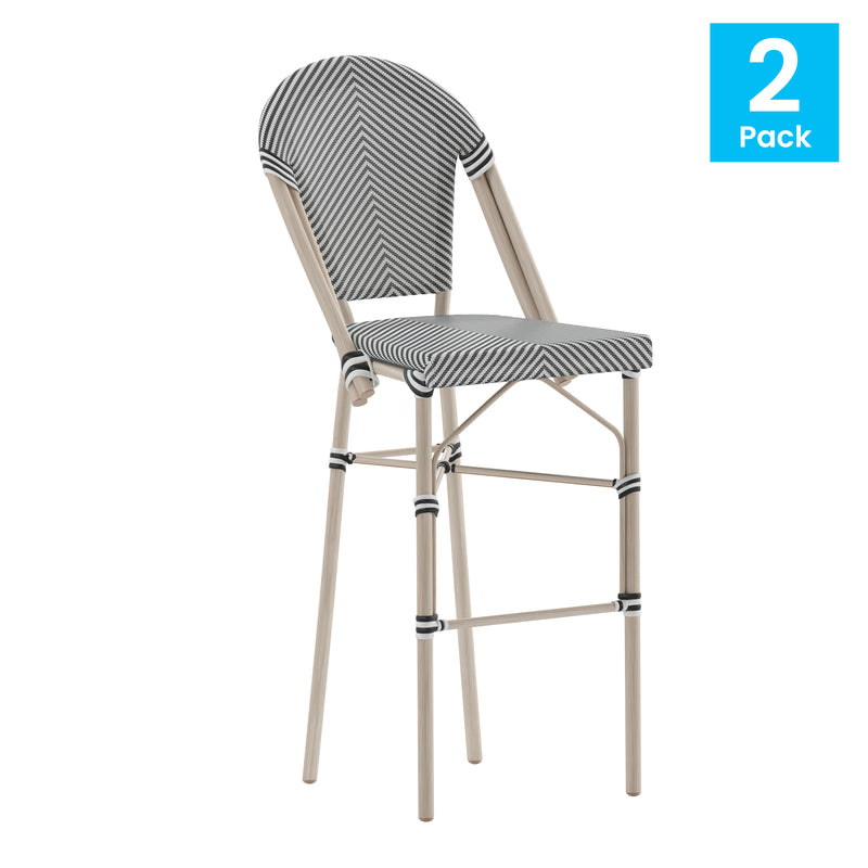Mael Set of Two Stacking French Bistro Style Bar Stools with Black and White Textilene Seats and Light Bamboo Metal Frames for Indoor/Outdoor Use