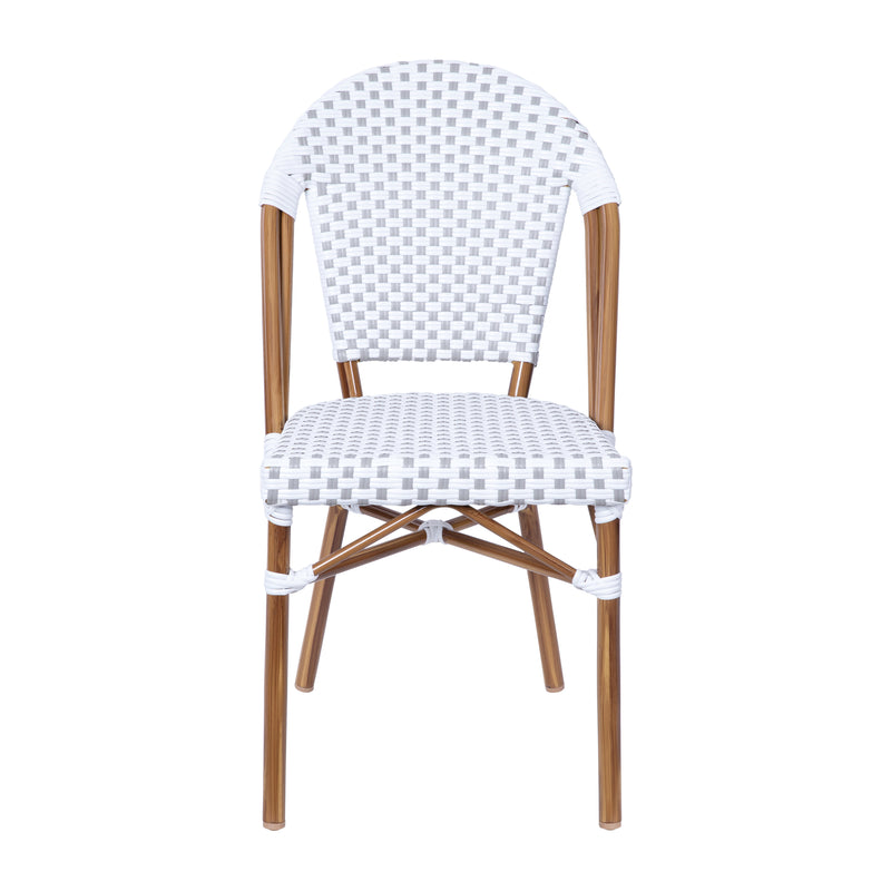 Celia Set of Two Indoor/Outdoor Stacking French Bistro Chairs with Patterned Seats and Backs & Light Bamboo Finished Aluminum Frames