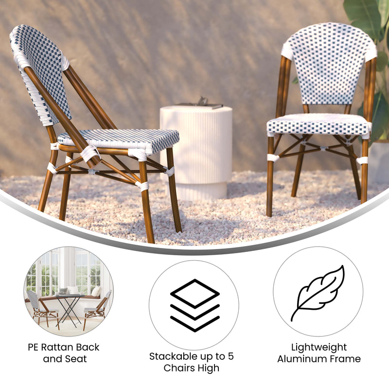 Celia Set of Two Indoor/Outdoor Stacking French Bistro Chairs with Patterned Seats and Backs & Light Bamboo Finished Aluminum Frames