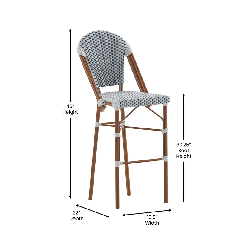 Celia Set of Two Indoor/Outdoor Stacking French Bistro Bar Stools with Patterned Seats and Backs & Light Natural Metal Frames