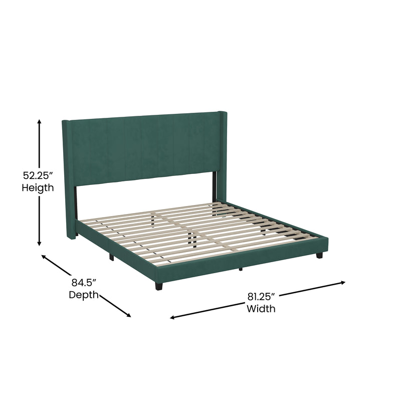 Sana Modern Emerald Velvet Upholstered Platform Bed Frame with Padded, Tufted Wingback Headboard and Wood Support Slats, No Box Spring Required