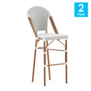 Celia Set of Two Indoor/Outdoor Stacking French Bistro Bar Stools with Patterned Seats and Backs & Light Natural Metal Frames