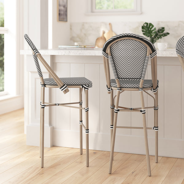 Mael Set of Two Stacking French Bistro Style Bar Stools with Black and White Textilene Seats and Light Bamboo Metal Frames for Indoor/Outdoor Use