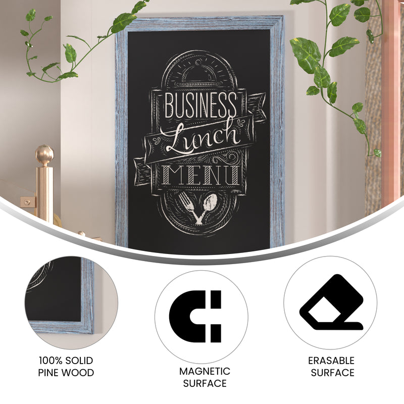 Magda 24" x 36" Rustic Blue Wall Mount Magnetic Chalkboard Sign, Hanging Wall Chalkboard Memo Board