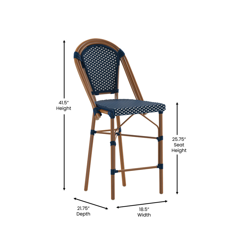 Sacha Set of Two Stacking French Bistro Counter Stools with Navy and White PE Seats and Back and Bamboo Finished Metal Frames for Indoor/Outdoor Use