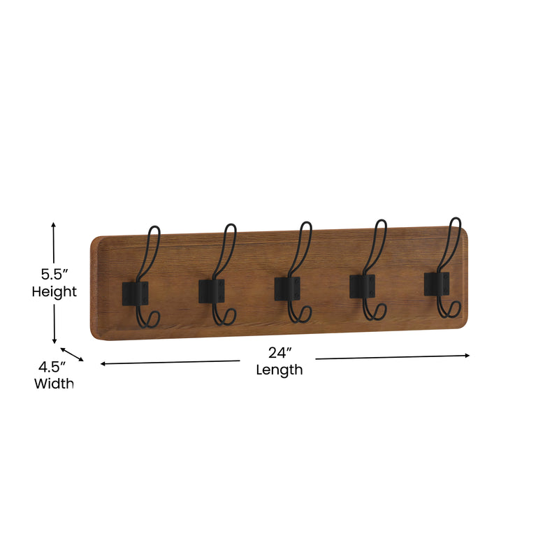 Enid 24 Inch Wall Mount Classic Brown Pine Wood Storage Rack with 5 Hooks, Entryway, Kitchen, Bathroom